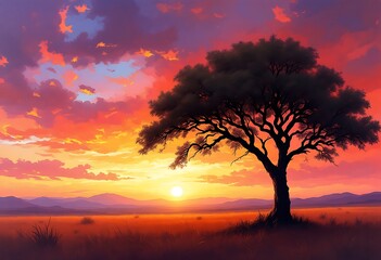 Fototapeta premium Amazing sunset and sunrise.Panorama silhouette tree in africa with sunset. Dark tree on open field dramatic sunrise.Safari theme.Giraffes , Lion , Rhino 