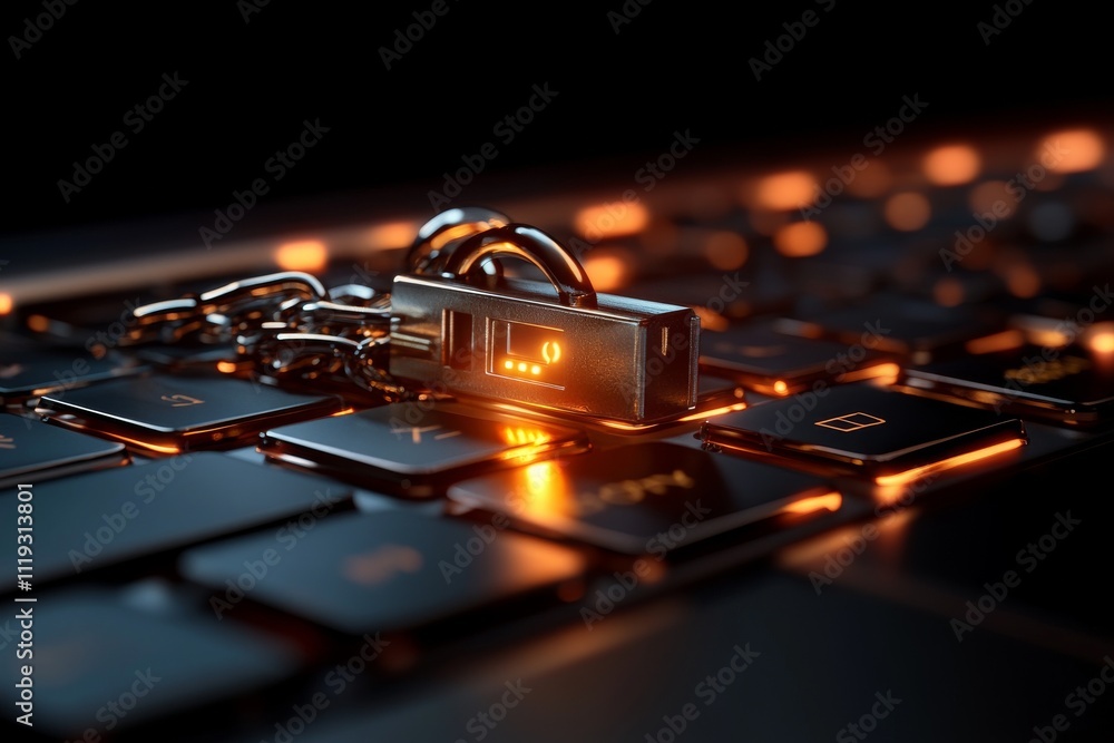 Poster a metallic usb drive rests on a glowing keyboard, highlighting technology's intersection with everyd