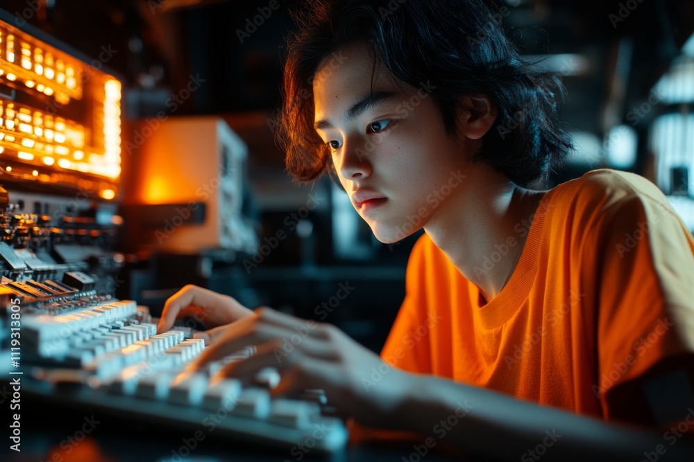 Aufkleber a young tech enthusiast engaged in coding, surrounded by ambient lighting. the scene conveys focus, 