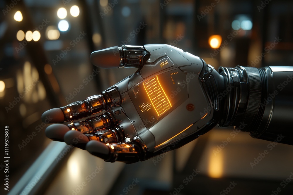 Aufkleber a high-tech robotic hand with glowing indicators, showcasing advanced engineering and design. perfec