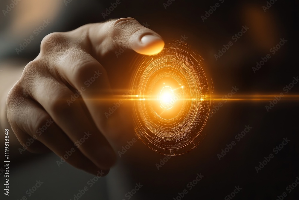 Poster human hand engaging with a digital interface, featuring concentric circles and glowing elements, rep