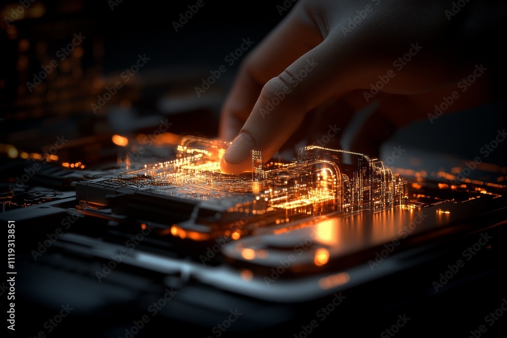 Poster a hand interacts with a futuristic digital circuit, featuring luminous elements that highlight the i
