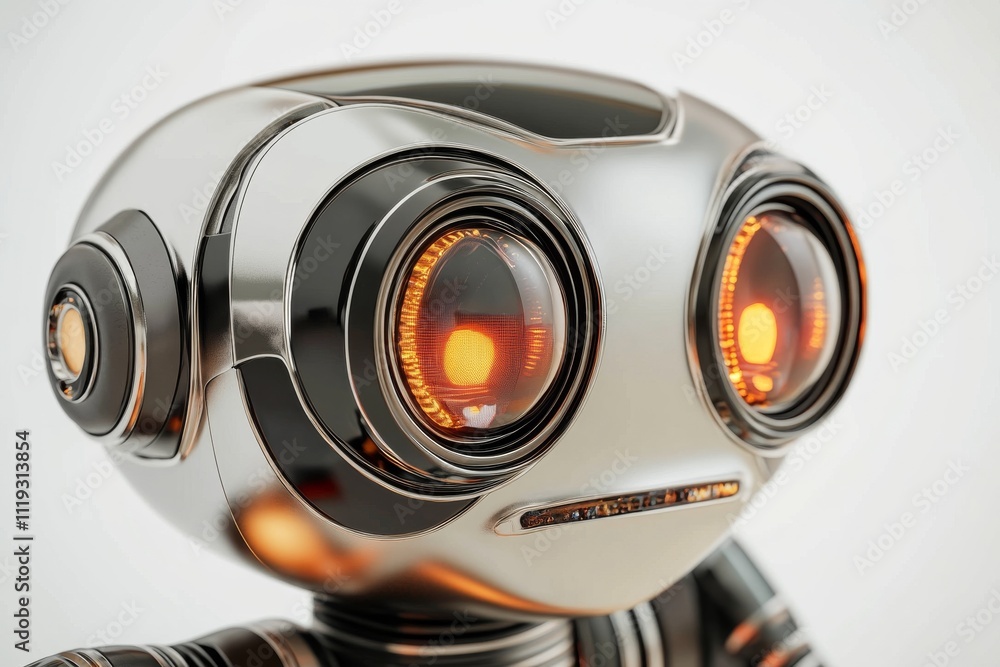 Poster a sleek, glossy robot showcases its illuminated eyes, symbolizing the convergence of modern design a