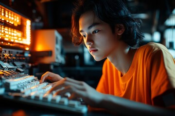 A young tech enthusiast engaged in coding, surrounded by ambient lighting. The scene conveys focus, determination, and skill, ideal for tech products.