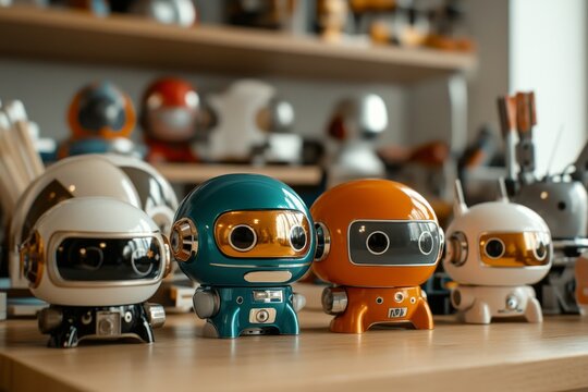 A collection of colorful robots is displayed on a wooden shelf, highlighting the playful and imaginative world of robotics and technology with bright hues and designs.