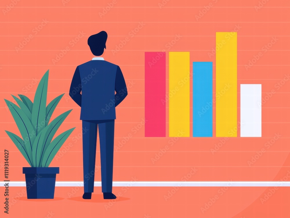 Poster a professional examining colorful bar graphs against a bright backdrop, symbolizing data analysis an