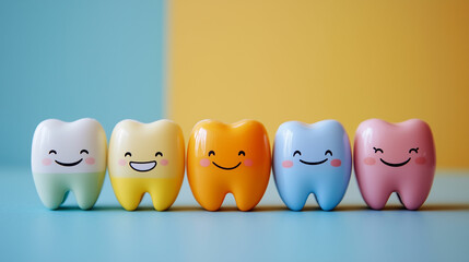 Smiling teeth characters featured on colorful pediatric dental sticker for children's oral health awareness