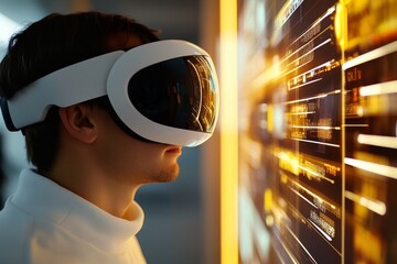 A man wearing a virtual reality headset is engaged with a vibrant digital interface filled with neon-colored data streams inside a futuristic environment.