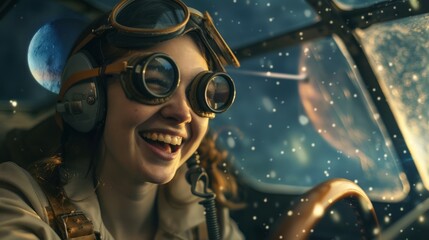 Aviator adventure young pilot in spacecraft cosmic journey digital art joyful atmosphere fantasy perspective