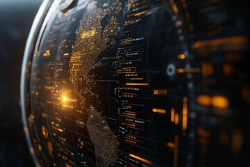 A high-tech digital globe with glowing data elements, representing global connectivity and technology, showcasing a futuristic theme with intricate data patterns.