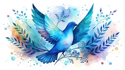 Blue Dove Silhouette in Watercolor with Leaves for International Peace Day Illustration, Symbol of Hope, Unity, and Harmony in Nature