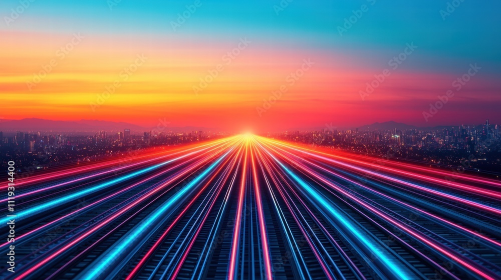 Poster a vibrant sunset scene with radiant lines of light converging towards the horizon, creating a sense 