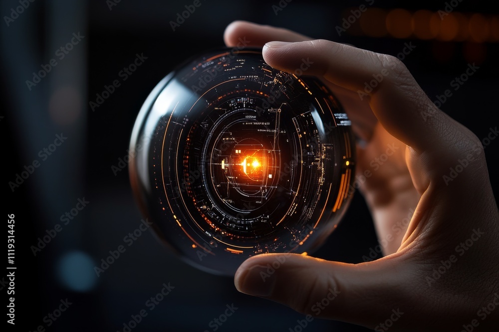 Poster a hand delicately holds a futuristic glowing orb displaying complex digital data interfaces, symboli