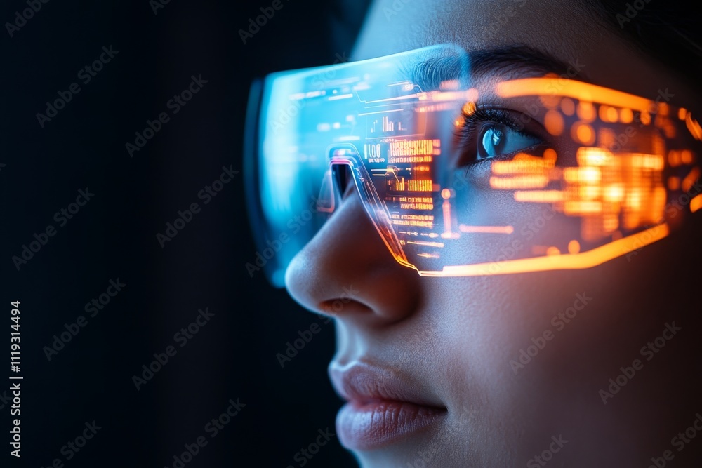 Poster close-up of a face wearing augmented reality glasses that project a vibrant digital display, depicti