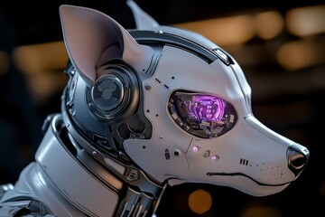 Fototapeta premium A robotic dog with an illuminated eye glowing a vivid purple light symbolizes the merger of technology and animal design, highlighting innovative electronics and mechanics.