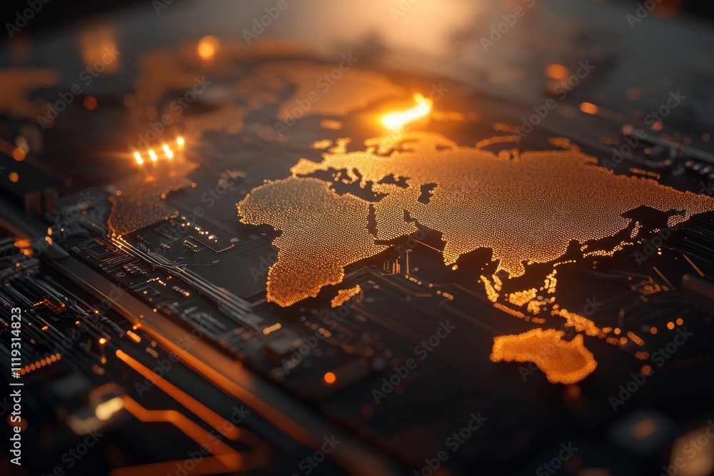 Poster an artistic digital rendering of a world map depicted as a glowing circuit board, metaphorically ill