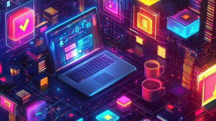 Obraz premium Laptop with colorful digital interface and coffee cups.