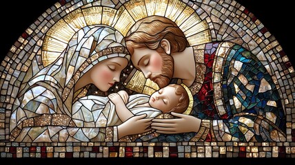 Stained glass depiction of a holy family with newborn child.