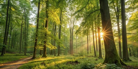 Obraz premium Golden sunlight streams through a dense forest, illuminating a tranquil path