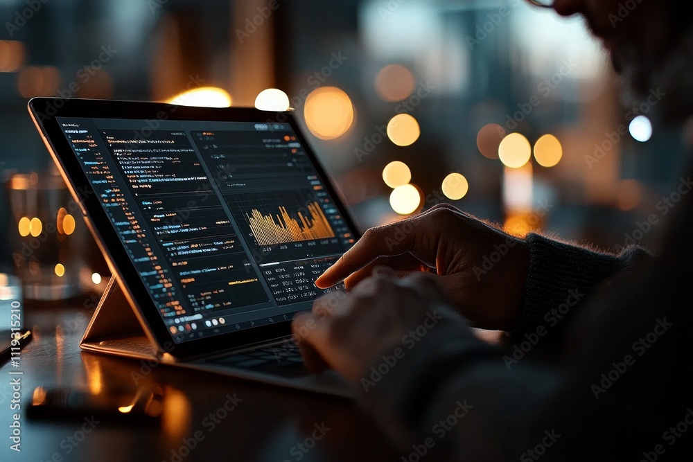 Poster an individual is seated at a desktop viewing a laptop screen displaying complex analytics. the backg