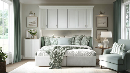 cozy studio layout featuring Murphy bed with elegant green accents, soft bedding, and stylish decor, creating serene atmosphere