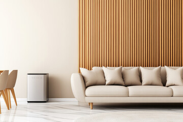 Beige Modern Living Room, featuring wooden wall accents, a cozy sofa with pillows, a round carpet, dining area, and elegant marble flooring.