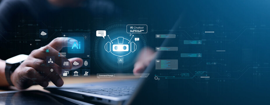 Humans interact with AI artificial intelligence brain processor in the concept of artificial intelligence engineering AI big data and artificial intelligence machine learning to use general AI for UU