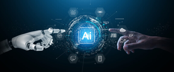 Humans interact with AI artificial intelligence brain processor in the concept of artificial intelligence engineering AI big data and artificial intelligence machine learning to use general AI for UU