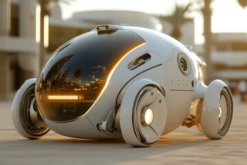 Fototapeta premium A futuristic robotic vehicle is parked under daylight, showcasing advanced technology and innovation, in a sleek, sci-fi design with modern aesthetics.