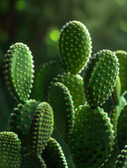 Fototapeta premium A close-up view of a vibrant cactus with rounded pads covered in small spines.