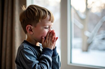 A boy sneezes at home while suffering from a cold. His nose is red and his eyes are tired. In the background is a winter landscape through a window. The scene illustrates symptoms of illness, child ca