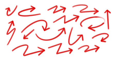 collection of red arrow marker scribbles isolated on transparent background