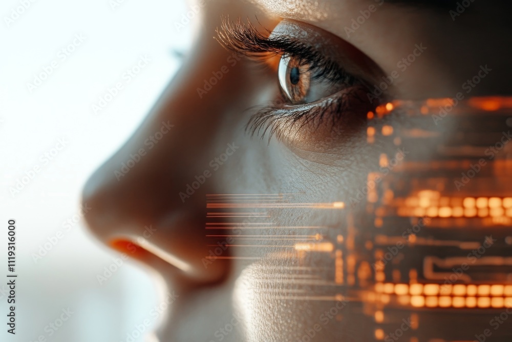 Poster an intense close-up of a human eye, reflecting a digital hud interface, illustrating the concept of 