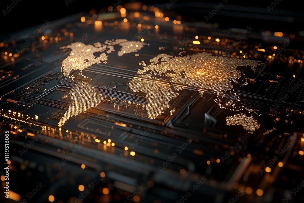 Aufkleber a modern circuit board creatively designed to resemble a digital map covered with glowing points, re