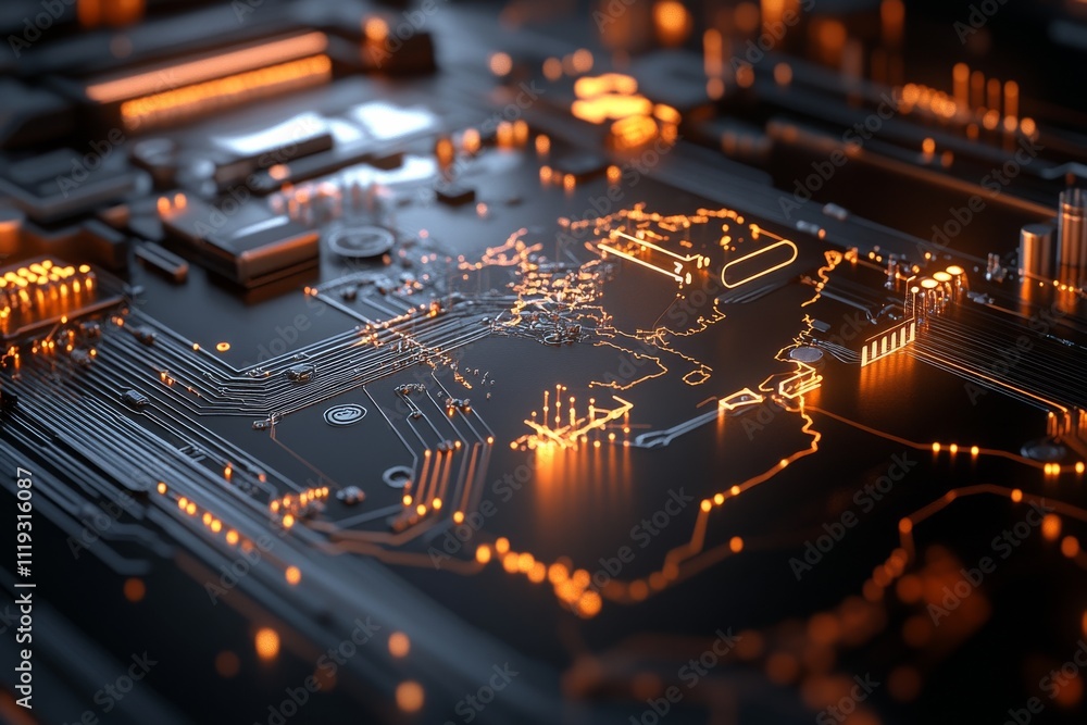 Aufkleber a world map designed on a glowing circuit board surface, exemplifying the intersection of global geo