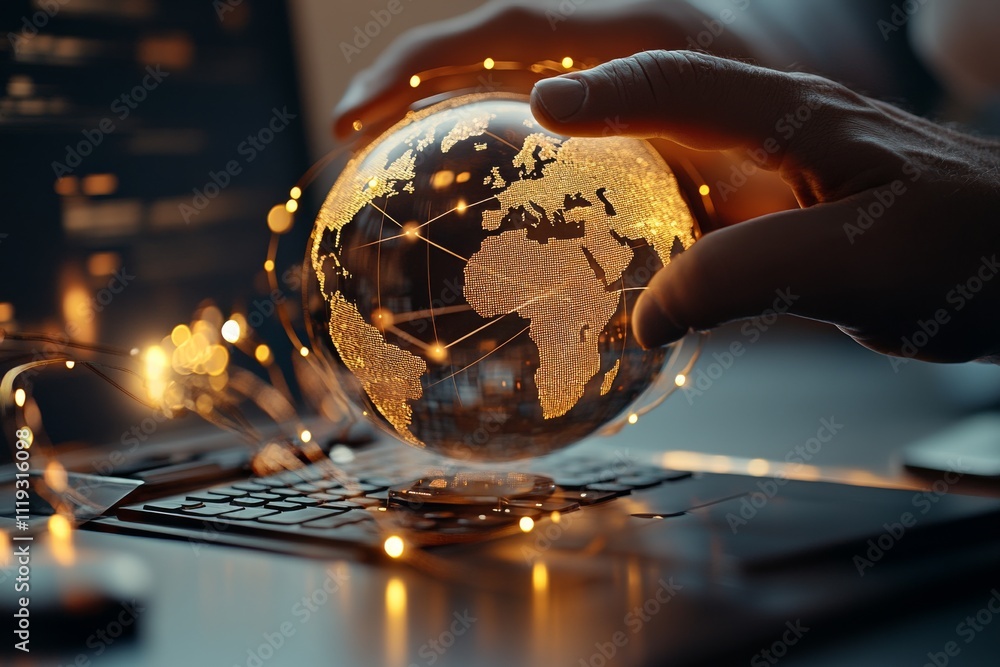 Poster a glowing digital globe held by hands over a keyboard, signifying the human touch in controlling and