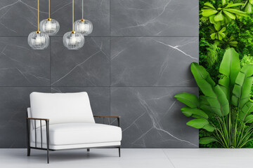 Elegant luxury living room, white decor, gray marble walls and floor, glass chandelier, serene garden view, modern style ambiance.