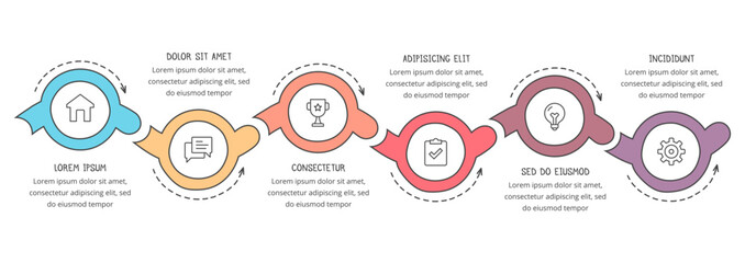 Six connected circles with arrows with place for your icons and text, hand drawn process infographic template, vector eps10 illustration