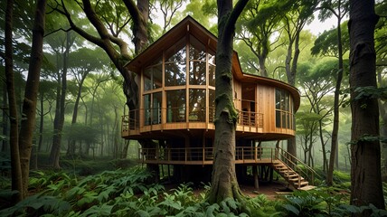 Modern Treehouse in Serene Forest with Glass Panels and Green Roof V3
