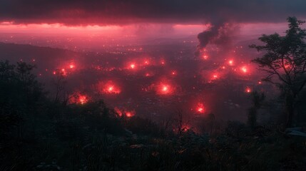 Apocalyptic Night Landscape Fiery Red Glow Forest Fires Smoke Disaster