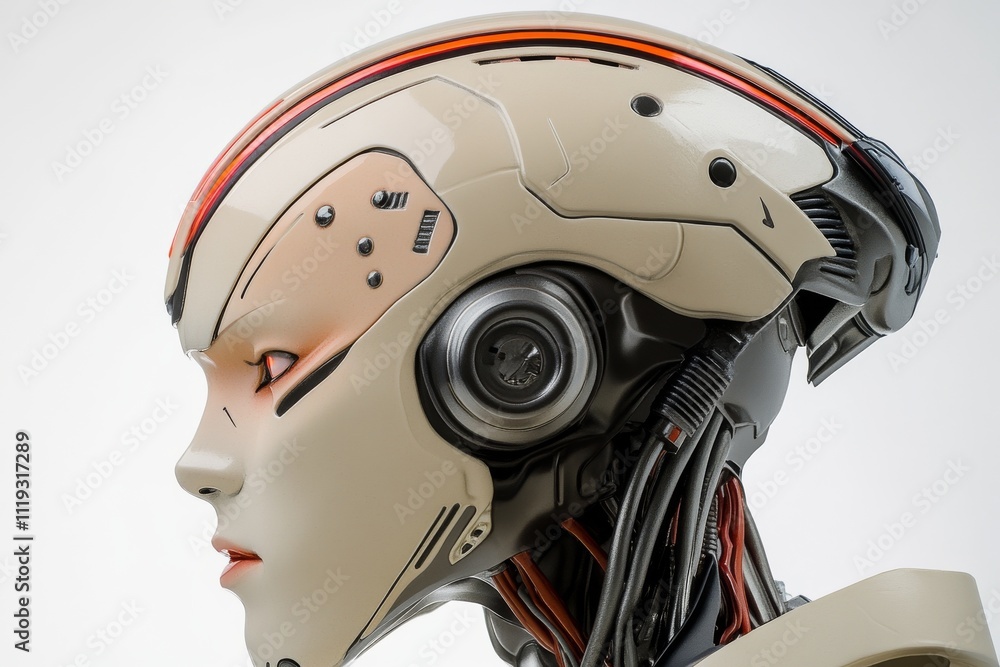 Poster a side profile view of a sophisticated humanoid robot showcasing intricate mechanical detailing and 