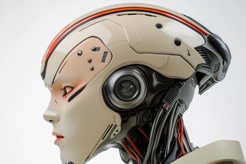 Fototapeta premium A side profile view of a sophisticated humanoid robot showcasing intricate mechanical detailing and a sleek, futuristic helmet design in a bright setting.