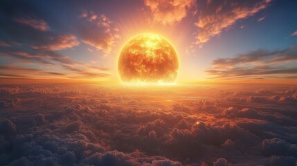 Giant Sun Above Cloudscape Sunset Fantasy Aerial View