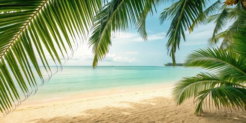 Obraz premium Serene tropical beach scene framed by lush palm fronds, showcasing a tranquil ocean and pristine sand