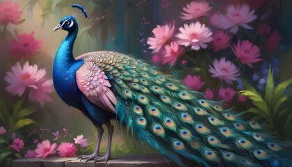Fototapeta premium A colorful peacock with vibrant green, blue, and pink feathers