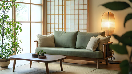 compact Japanese inspired living room featuring green sofa, wooden coffee table, and indoor plants, creating serene and cozy atmosphere