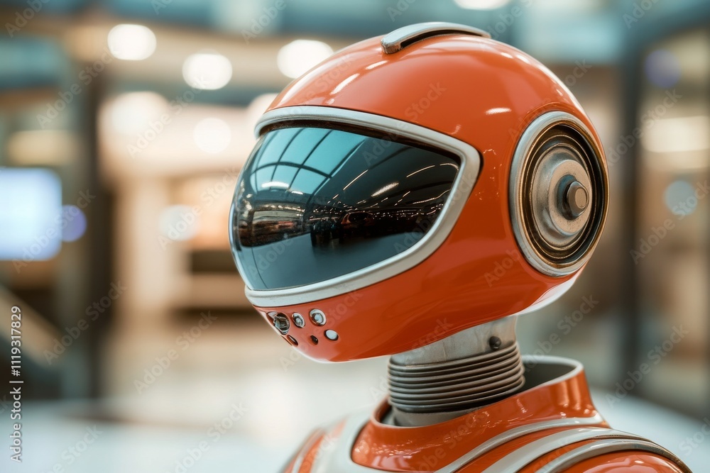 Poster an intriguing robot wearing a bright orange suit with a reflective visor stands in a modern atrium s