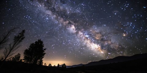 Fototapeta premium A Celestial River Flows Across the Night Sky, Silhouetted by Trees and Mountains