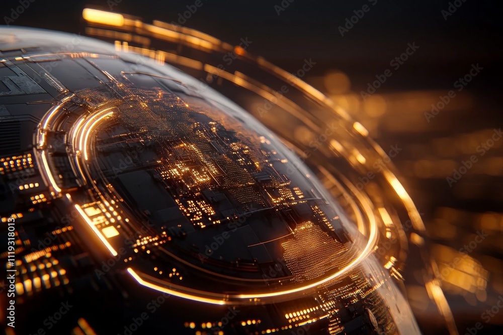 Aufkleber a digital globe featuring abstract circuit design elements in warm hues symbolizes the interplay bet
