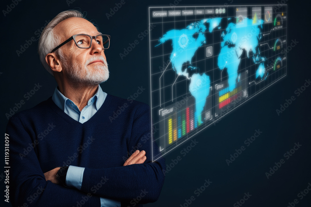 Poster senior manager observing digital display, human resources strategy in action, focused on data analys